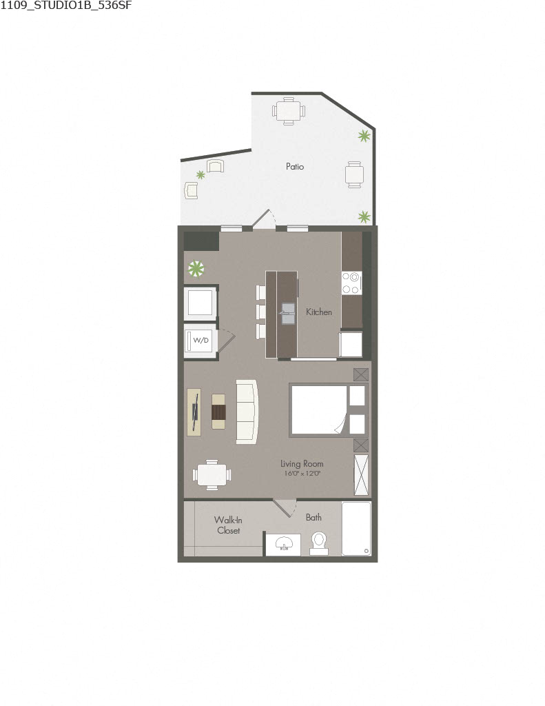 Floor plan for studio, 1 bath, 536 sqft